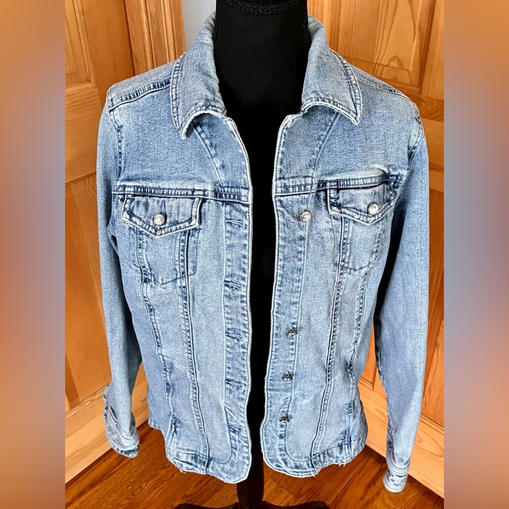 Laura Ashley Blue Sequin Denim Jacket Medium Boho Western Festival Cowgirl - Picture 5 of 17